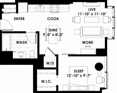 Floor plan for 1 bed, 1 bath, 662 sqft